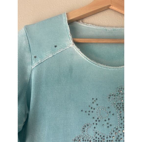 Y2K Bedazzled Rhinestone Cross Blue Long-Sleeve Shirt – Size Medium - Picture 3 of 5